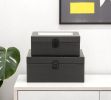 Set Of Two Black Faux Leather And Mirrored Glass Jewelry Boxes