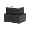 Set Of Two Black Faux Leather And Mirrored Glass Jewelry Boxes