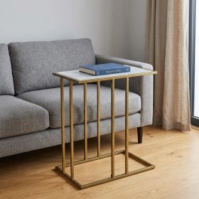 26" White Marble & Antiqued Gold C‑Shaped End Table – Modern Iron Accent