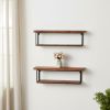 36" Set of Two Black & Brown Wood and Metal Two‑Level Accent Shelves – Rustic Modern Wall Display