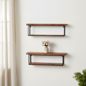 36" Set of Two Black & Brown Wood and Metal Two‑Level Accent Shelves – Rustic Modern Wall Display