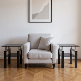 Black Glass & Steel End Tables (Set of 2) – Modern Square Shelf Accent