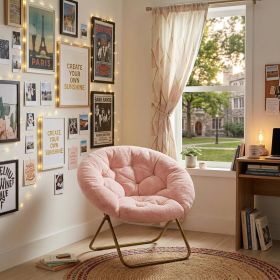Pink Faux Fur Folding Lounge Chair – Modern Saucer Style with Bronze Metal Frame