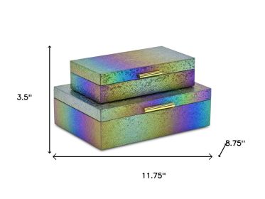 Set of Two Rainbow And Gold Faux Shagreen Nesting Storage Boxes With Lids
