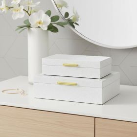 Set of Two White And Gold Faux Shagreen Nesting Storage Boxes With Lids