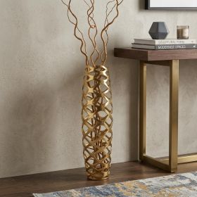 Gold Aluminum Pierced Geometric Cylinder Floor Vase – Modern Textural Accent