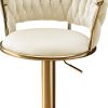 Set of Two Beige and Gold Velvet and Metal Low Back Adjustable Height Swivel Bar Chairs