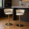 Set of Two Beige and Gold Velvet and Metal Low Back Adjustable Height Swivel Bar Chairs