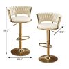 Set of Two Beige and Gold Velvet and Metal Low Back Adjustable Height Swivel Bar Chairs