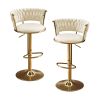 Set of Two Beige and Gold Velvet and Metal Low Back Adjustable Height Swivel Bar Chairs