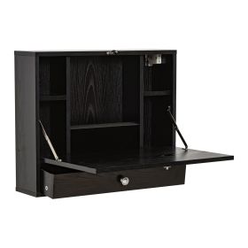 Wall Mounted Desk Black Floating with Storage Shelves Foldable Tabletop Space Saving Design