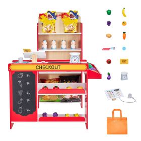 Kids Grocery Store Playset, Wooden Play Store with Shopping Bag, Kids Supermarket Pretend Play Toy Set with Conveyor Belt, Scanner, Cash Register