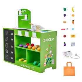 Kids Grocery Store Playset, Wooden Play Market Stand with Shopping Bag, Kids Supermarket Pretend Play Store with Conveyor Belt, Scanner, Cash Register