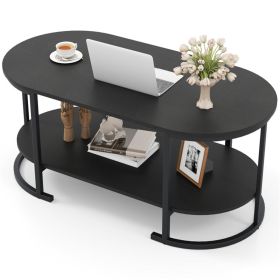 2-Tier Coffee Table with Metal Frame, 100×50×45 cm Robot Vacuum Friendly Accent Table, 88 lbs Capacity for Living Room Office-Black