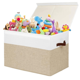Large Toy Storage Box with Lid – Beige & White Collapsible Organizer with Dividers