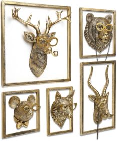 Set of 5 Gold Character Animal Head Wall Sculptures – Whimsical 3D Resin Wall Décor