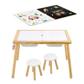 Sensory Table for Toddlers, Wooden Kids Activity Table with 2 Stools, Double-Sided Board, Storage Bins, and Non-Slip Feet