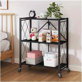 3Tier Heavy Duty Foldable Metal Rack Storage Rack, Removable Organizing Rack with Wheels, Suitable for Garage Kitchen, Black Kitchen Storage Rack