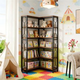 7‑Tier Hexagonal Corner Bookshelf – Black Metal & Wood Modern Space‑Saving Rack
