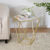 Side Table, Modern Glass Side Table With Gold Iron Legs And Geometric Pattern, Small Accent Table For Living Room Bedside, Gold White