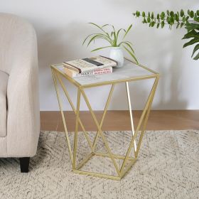 Side Table, Modern Glass Side Table With Gold Iron Legs And Geometric Pattern, Small Accent Table For Living Room Bedside, Gold White