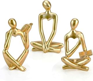 Thinker Statue Gold Decor for Living Room, Abstract Art Sculpture for Bookshelf Decor