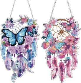 2 Pcs Dream Catcher Diamond Art Painting Kits for Adults DIY Purple Butterfly Suncatcher Hanging Diamond Hanging for Home Window Door Decor
