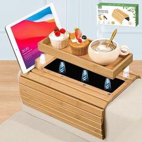 Couch Arm Tray, 3-in-1 Magnetic Detachable Sofa Arm Table with Phone and Tablet Holder Bamboo Couch Cup Holder, Foldable Sofa Armrest Tray for Eating,