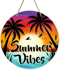 Summer Vibes Beach Front Door Sign, Coastal Palm Tree Sunset Wood Hanger Outdoor Outside Porch Home Decor, Sea Ocean Seasonal Wooden Wreath Indoor Wal
