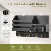 Black Wooden Wall‑Mounted Mail & Key Organizer with Drawer and Hooks – Modern Entryway Accent