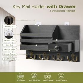 Black Wooden Wall‑Mounted Mail & Key Organizer with Drawer and Hooks – Modern Entryway Accent