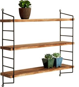 23-Inch Modern Industrial Metal and Torched Wood Adjustable Wall Mounted 3-Tier Display Floating Shelf