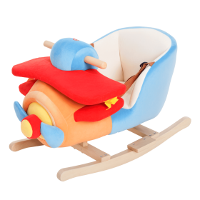 Kids Rocking Horse, Wooden Plush Ride-on Plane Chair Toy with Lullby Song and Seat Belt for 18 Month +