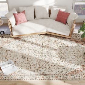Area Rug 8x10, Machine Washable Rug, Non-Slip Classical Floral Print Floor Carpet for Living Room, Bedroom, Mixed-Brown