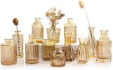 Gold Amber Glass Bud Vases Set of 12, Small Vases for Flowers, Champagne Mini Vintage Vases for Centerpieces,Bud Vase in Bulk for Wedding Decor