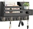 Black Wooden Wall‑Mounted Mail & Key Organizer with Drawer and Hooks – Modern Entryway Accent