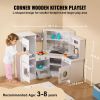 Corner Wooden Play Kitchen, Toy Set with Lights and Sounds, Toddler Kitchen with Ice Maker, Oven, Sink, Clock, Microwaves