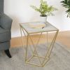 Side Table, Modern Glass Side Table With Gold Iron Legs And Geometric Pattern, Small Accent Table For Living Room Bedside, Gold White