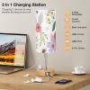 Floral Touch Lamp for Bedroom- 3 Way Dimmable Bedside Lamp USB C A Charging Ports and AC Outlet, Small Table Lamp Floral Linen Lampshade for Gift