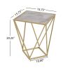 Side Table, Modern Glass Side Table With Gold Iron Legs And Geometric Pattern, Small Accent Table For Living Room Bedside, Gold White