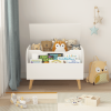 Wooden Toy Box, Kids Toy Storage Organizer with Front Bookshelf, Flip-Top Lid, Safety Hinge