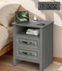 Nightstand for Bedroom, Night Stand with Charging Station, Bedside Table with 2 Drawers & Open Shelf, Farmhouse End Table Storage Cabinet, Gray