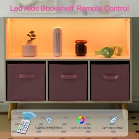 Kids Wooden Storage Organizer with LED Lighting – Open Shelf & 3 Fabric Bins, White