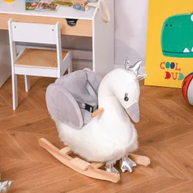 Plush Swan Rocking Horse – Ride‑On Toy with Sound, Wooden Base & Safety Belt