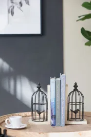 Set of 2 Distressed Black Bird Cage Bookends – Antique White Finish