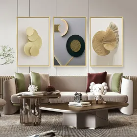 Framed Canvas Wall Art – 3 Panel Impressionism Aesthetic Prints (Gold: 16" x 24")