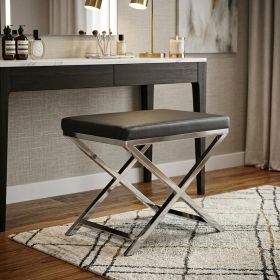 21" Charcoal Faux Leather Vanity Chair – Modern X-Base | Gold or Silver (Color: Charcoal & Silver)