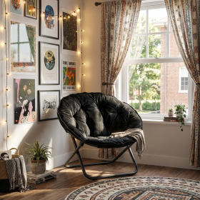 33" Faux Fur Folding Lounge Chair – Modern Tufted Saucer Accent Seating (Color: Black)