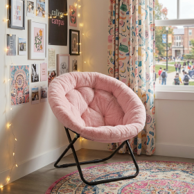 33" Faux Fur Folding Lounge Chair – Modern Tufted Saucer Accent Seating (Color: Pink)