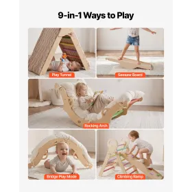 9-in-1 Pikler Triangle Climbing Set for Toddlers – Wooden Climber with Ramp, Arch, 2 Toy Cars & Washable Cushion (Accessories: With Cars & Mat, Color: Rainbow)